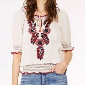 Tory Burch Mary Peasant Sheer Embroidered Short Sleeve Blouse